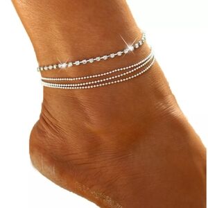 Silver Beaded Rhinestone Chain Tiers Tiered Layered Tennis Ankle Bracelet Anklet